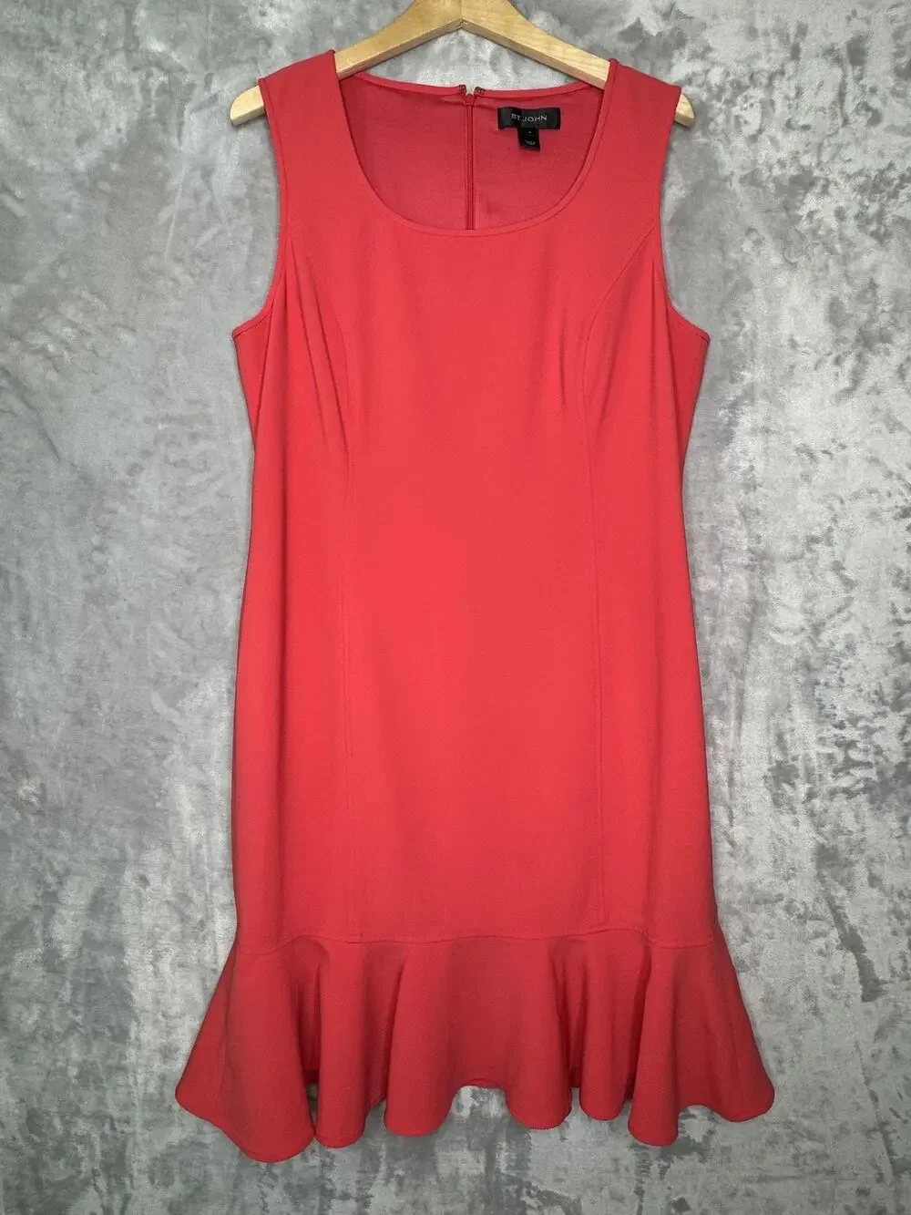 St. John Dress Womens 12 Coral Sheath Sleeveless Ruffle Hem Career Minimalist